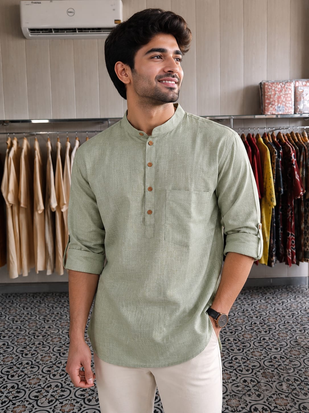 MEN PISTA GREEN SHORT KURTA