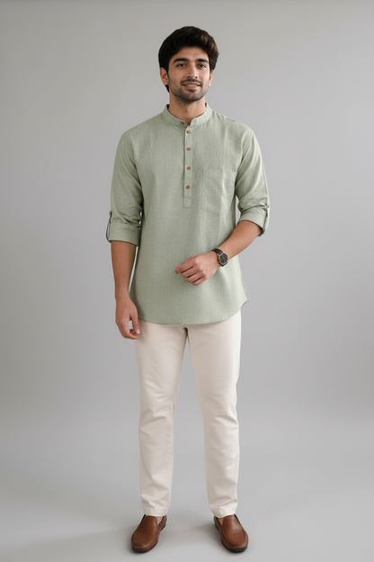 MEN PISTA GREEN SHORT KURTA
