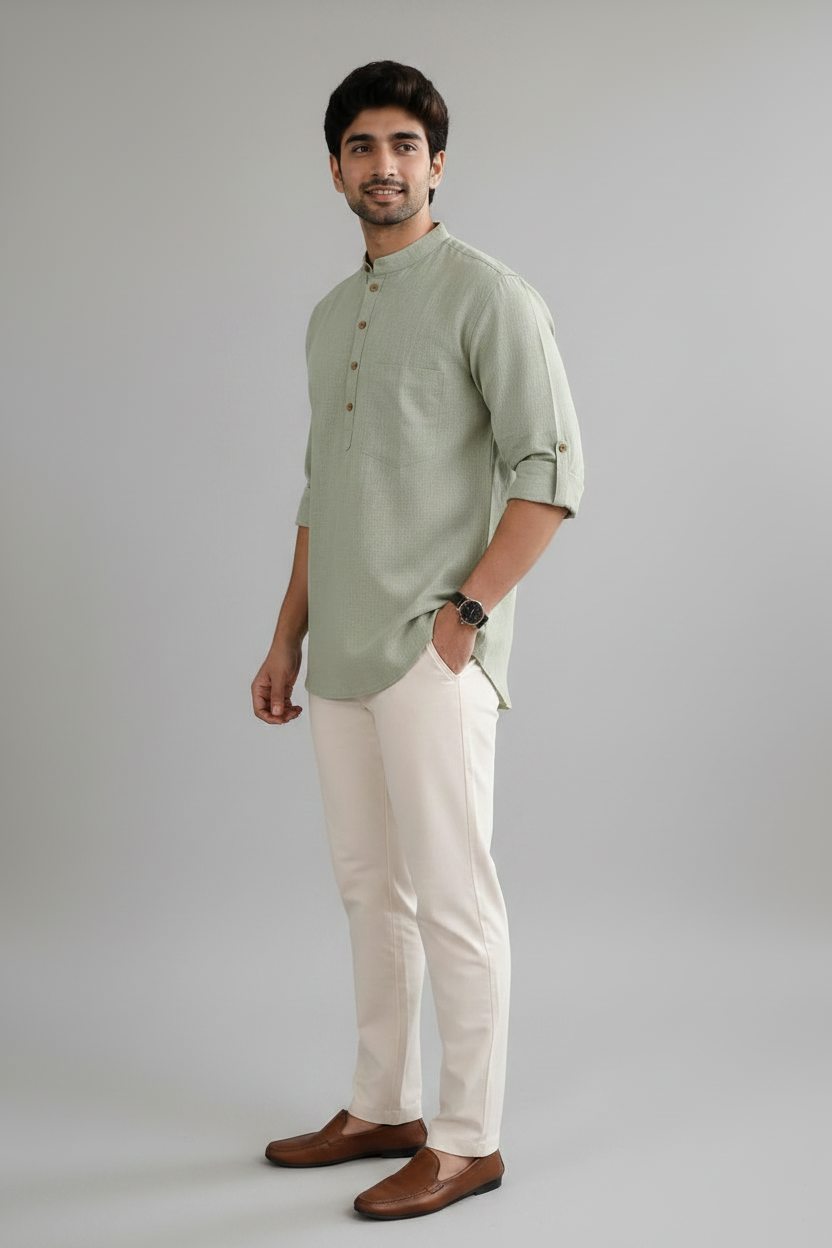 MEN PISTA GREEN SHORT KURTA