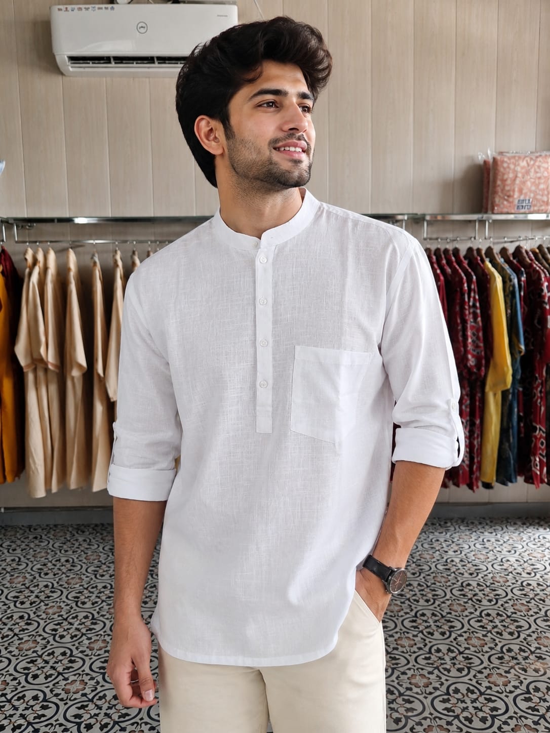 MEN PISTA GREEN SHORT KURTA