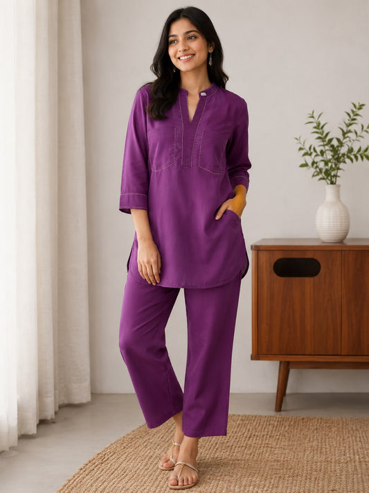 Women’s Purple Cotton Co-ord Set | 3/4 Sleeve Tunic Top with Straight-Fit Pants
