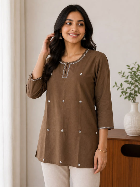 Women’s Brown Short Kurti with Contrast Stitch Detailing | 3/4 Sleeve Casual Ethnic Top