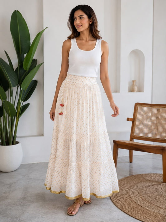 Women’s Off-White Printed Tiered Maxi Skirt | Flared Long Skirt with Smocked Waist & Golden Border