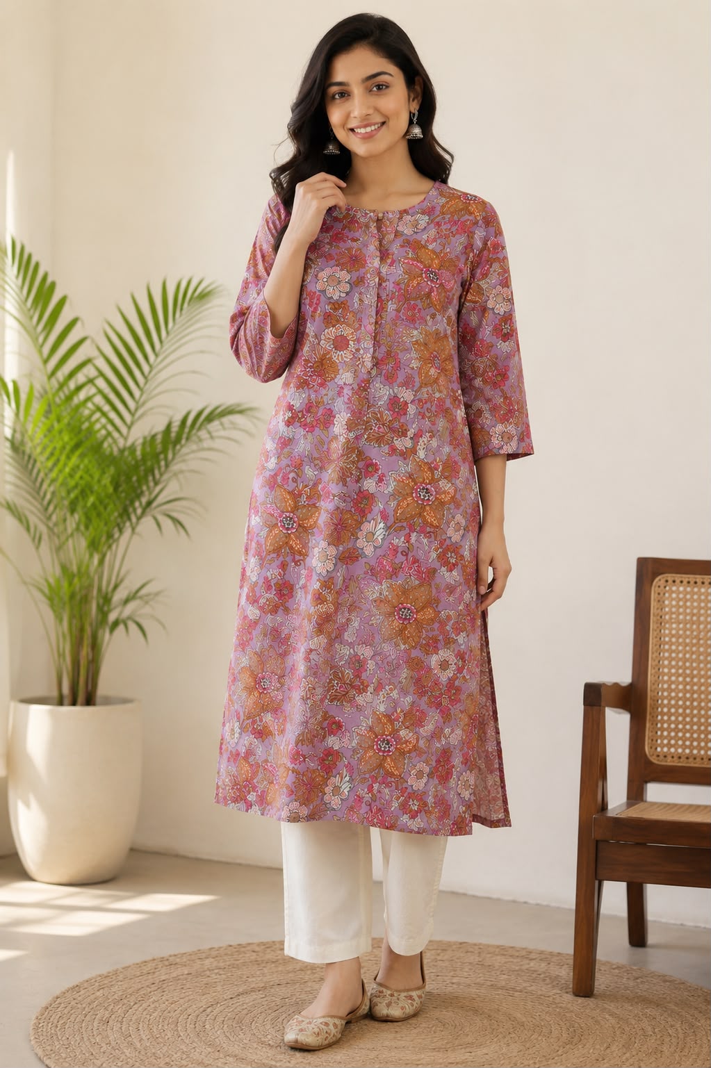 Mauve Multicolor Floral Print Cotton Kurti