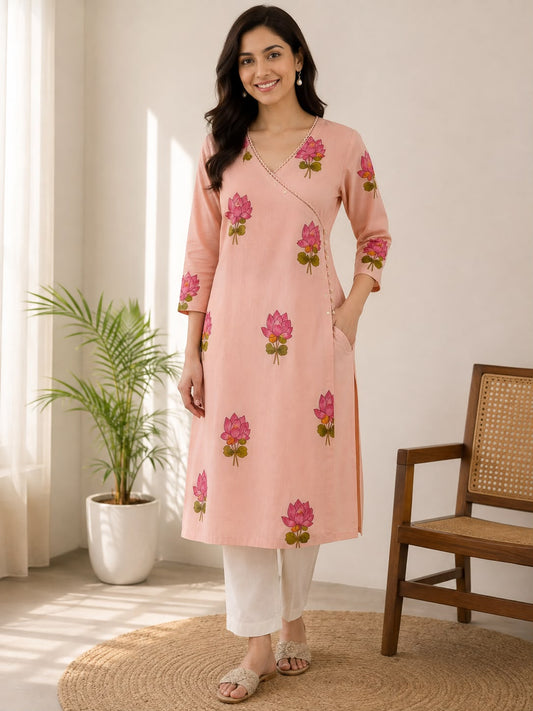 Peach Lotus Print Angrakha Cotton Kurti