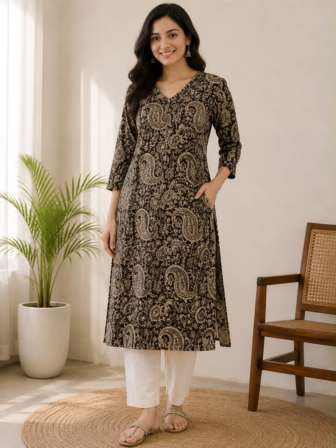 Black and Beige Paisley Print Cotton Kurti