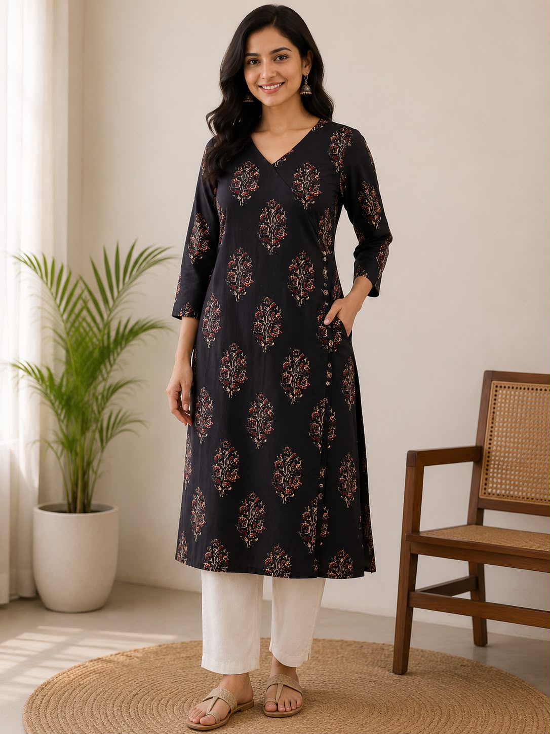 Black Floral Motif Angrakha Cotton Kurti