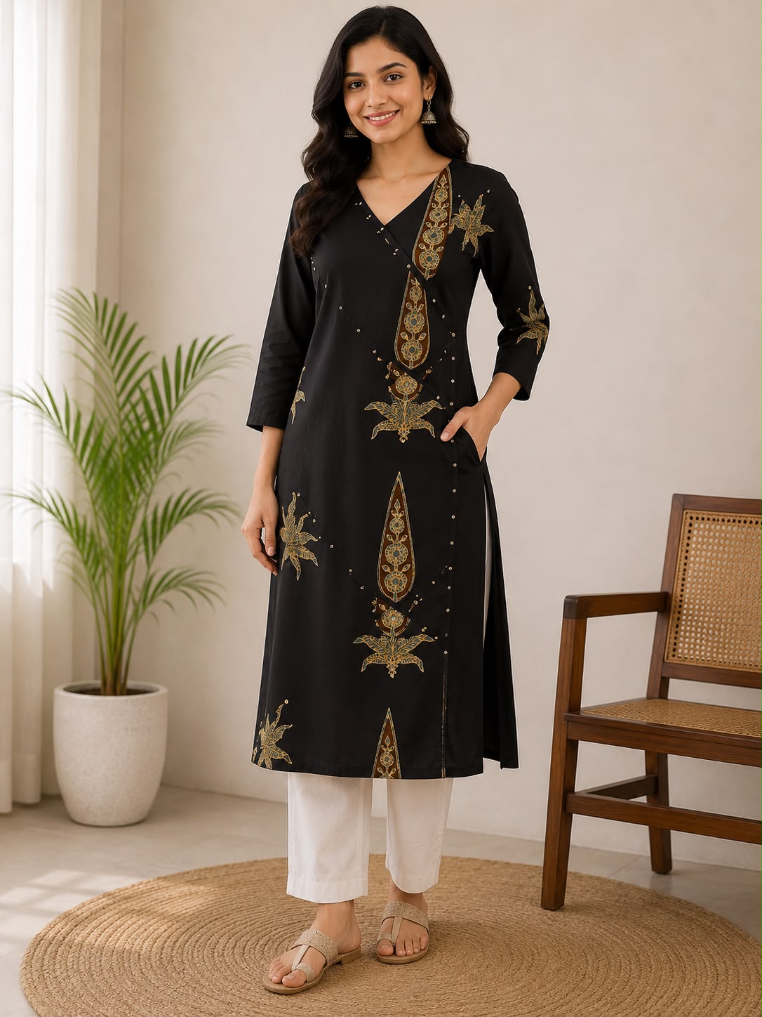Black Ochre Motif Angrakha Cotton Kurti