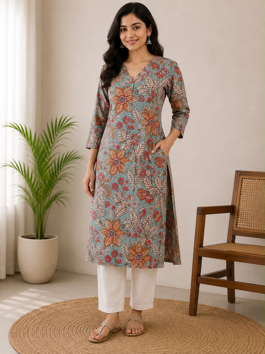 Sage Green Multicolor Floral Print Cotton Kurti