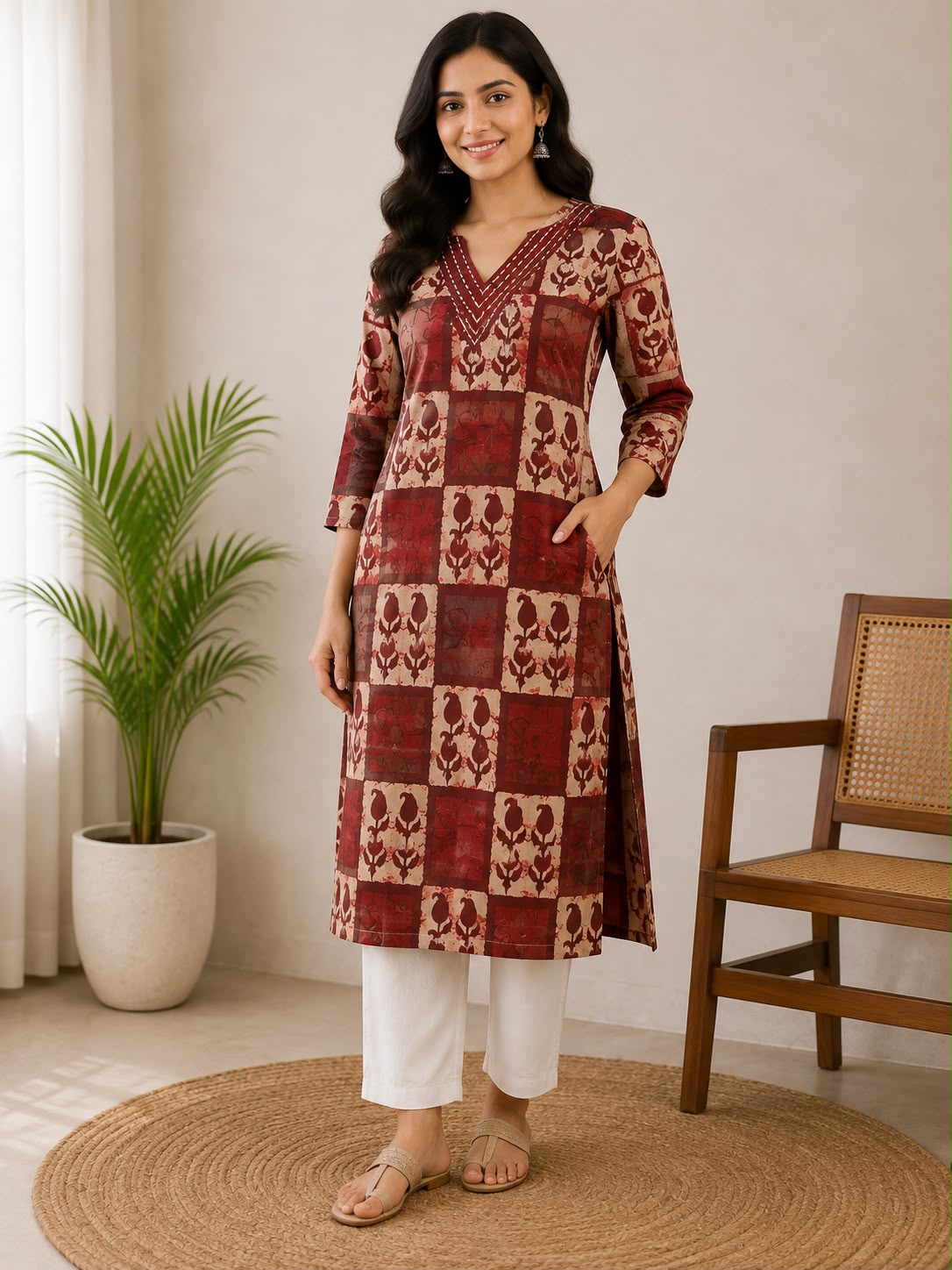 Maroon and Beige Patchwork Print Cotton Kurti