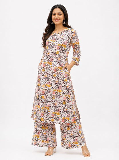 Natural Fab Gulbhar Women’s Sanganeri Hand Block Printed Kurti & Palazzo Set – White Floral 2-Piece Ethnic Set
