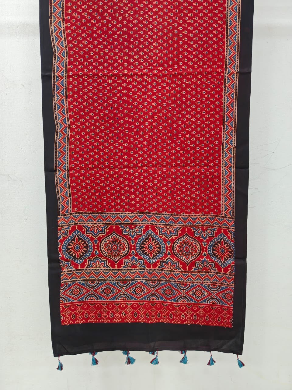 Naturalfab Women’s Red & Black Ajrakh Pure Modal Silk Stole with Tassels – UNI6412