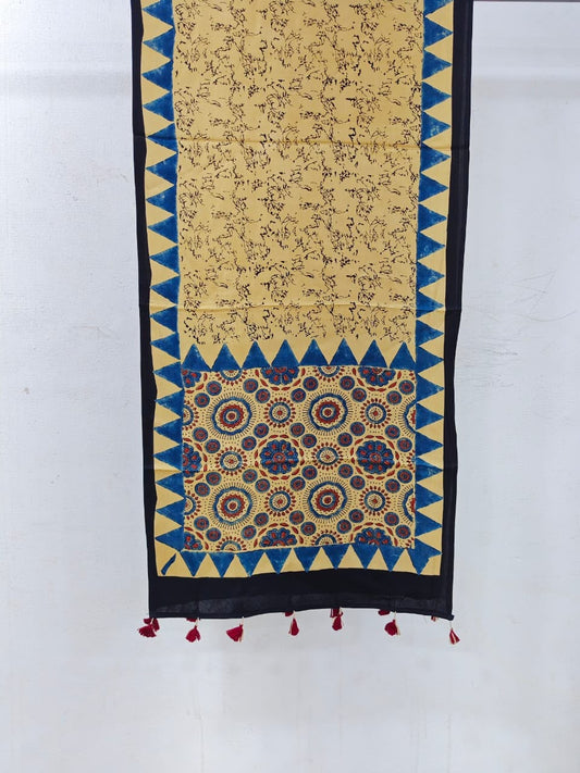 Naturalfab Women’s Beige & Indigo Ajrakh Pure Modal Silk Stole with Tassels – UNI6417