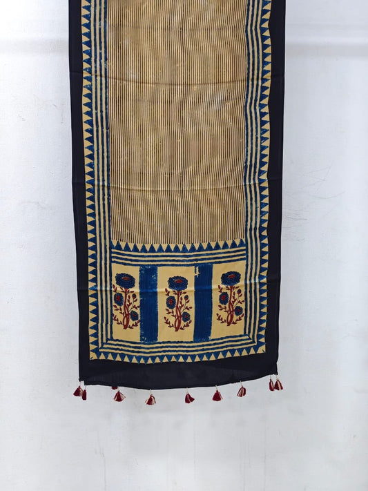 Naturalfab Women’s Beige & Navy Ajrakh Pure Modal Silk Stole with Tassels – UNI6415