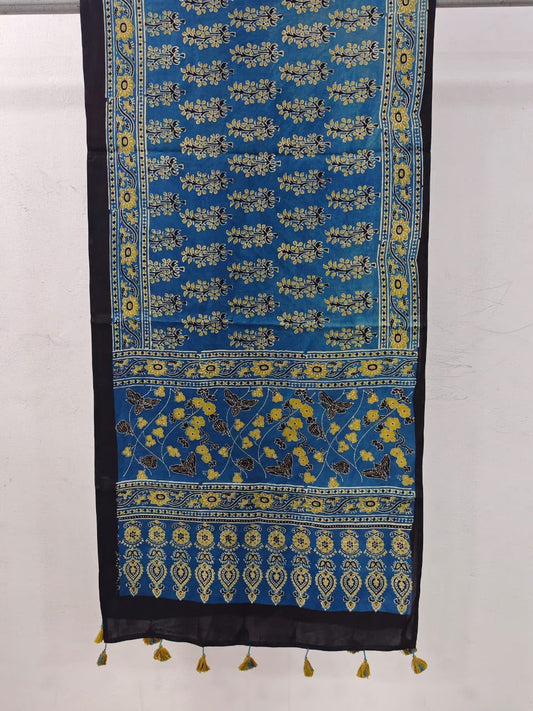 Naturalfab Women’s Blue Ajrakh Pure Modal Silk Stole with Floral Border & Tassels – UNI6416