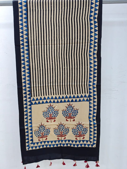 Naturalfab Women’s Beige & Indigo Ajrakh Pure Modal Silk Stole with Tassels