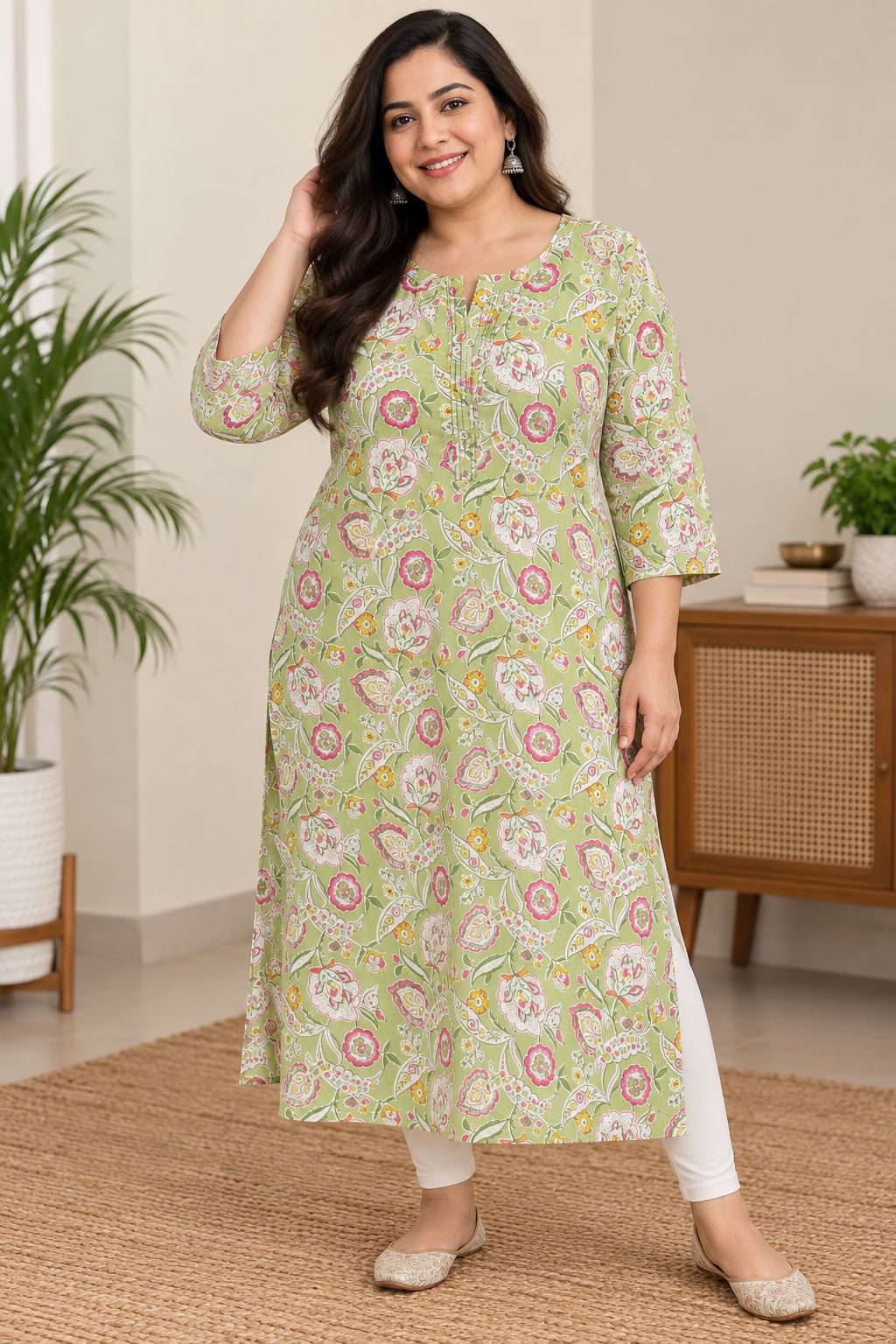 Naturalfab sage green floral printed women’s plus size cotton kurti