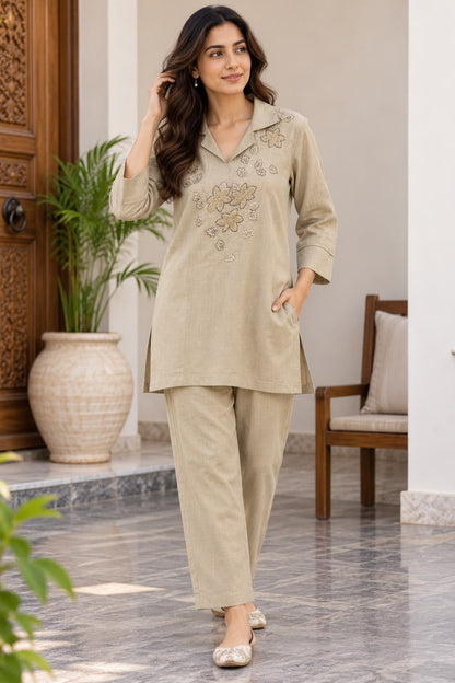 Natural Fab Women’s Beige Embroidered Co-ord Set | Collared Kurti Top with Straight Pants & Pockets | 2-Piece Ethnic Set