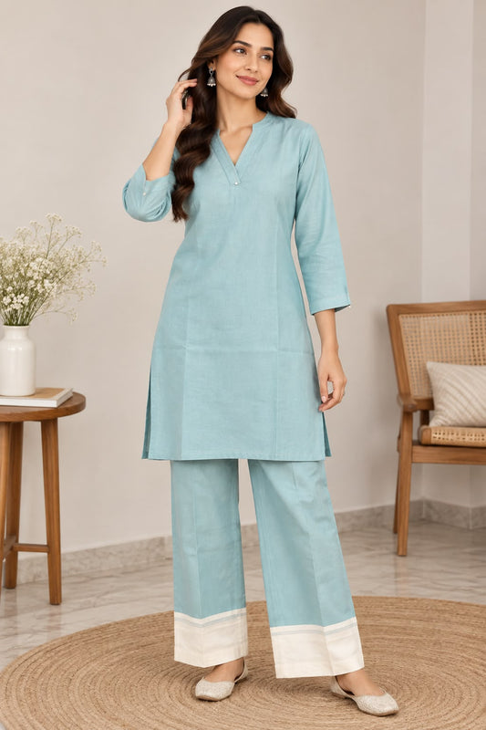 Naturalfab Women's Aqua Blue Cotton Co-ord Set with V-Neck Kurta and Contrast Border Palazzo Pants