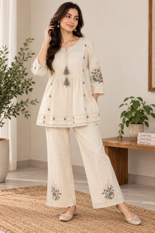 Naturalfab Women's Ivory Cotton Co-ord Set with Floral Motifs, Pintuck Detail Top and Wide-Leg Pants