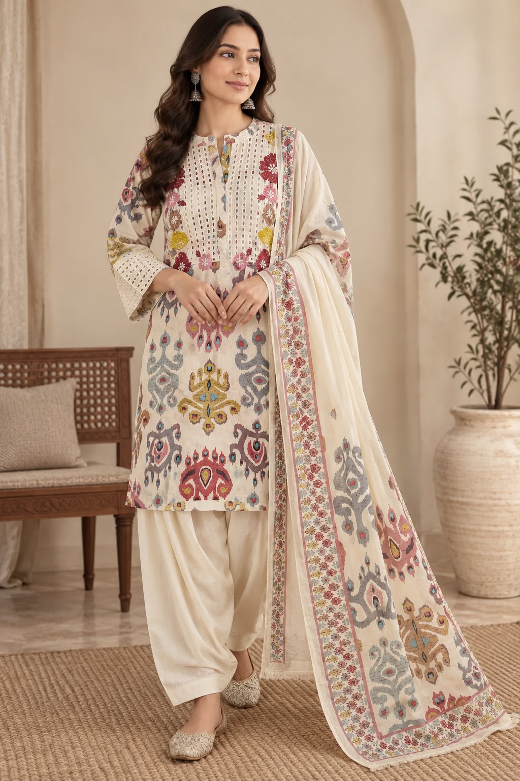 Naturalfab Women's Off-White Printed Cotton Parsi Salwar Kurti Set with Dupatta