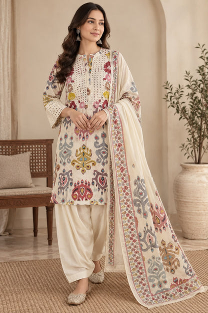 Naturalfab Women's Off-White Printed Cotton Parsi Salwar Kurti Set with Dupatta