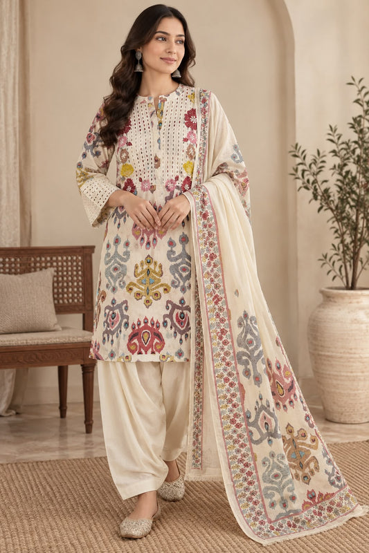 Naturalfab Women's Off-White Printed Cotton Parsi Salwar Kurti Set with Dupatta