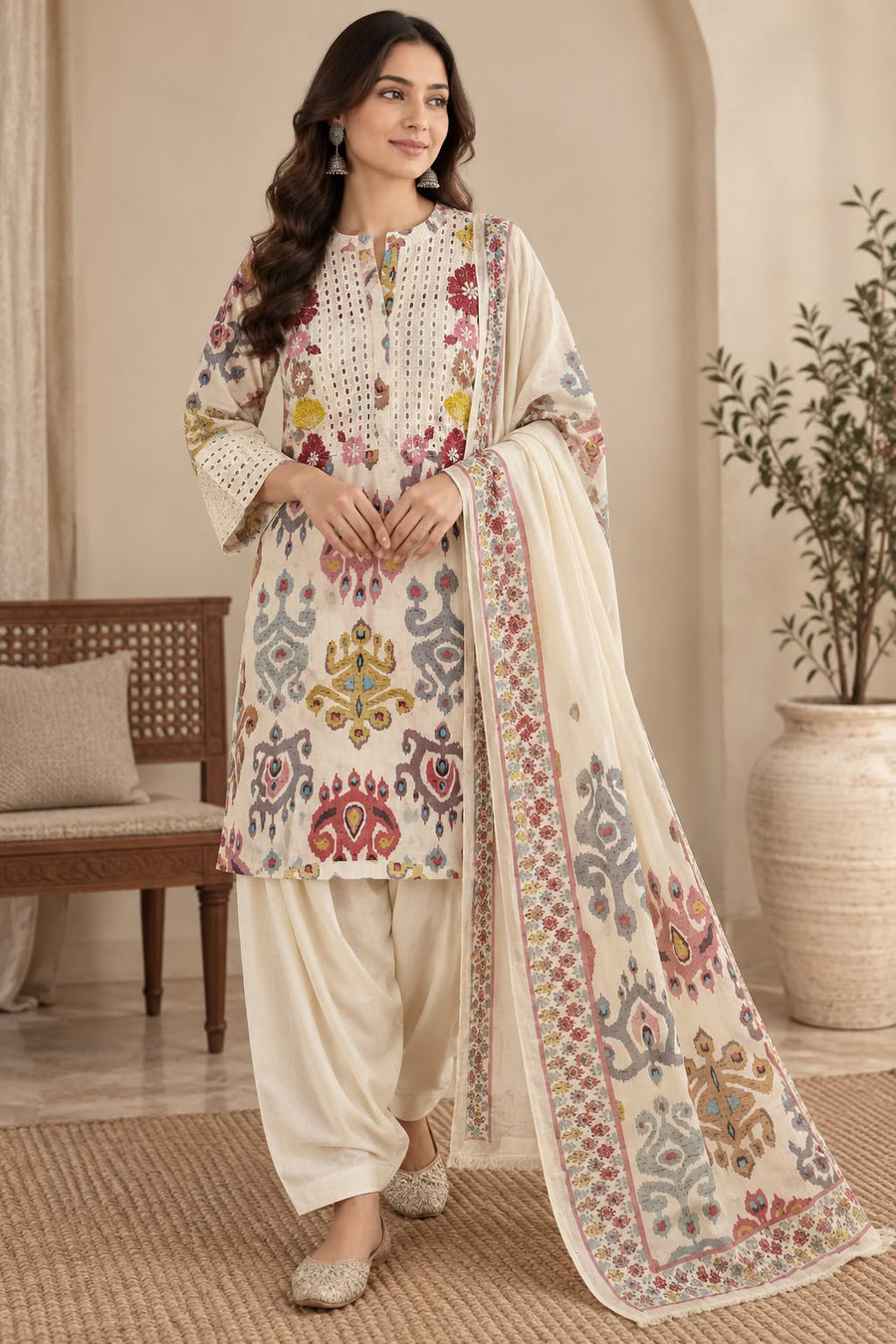 Natural Fab Women’s Ivory Cotton Printed Parsi Salwar Kurti Set with Dupatta | 3-Piece Ethnic Suit