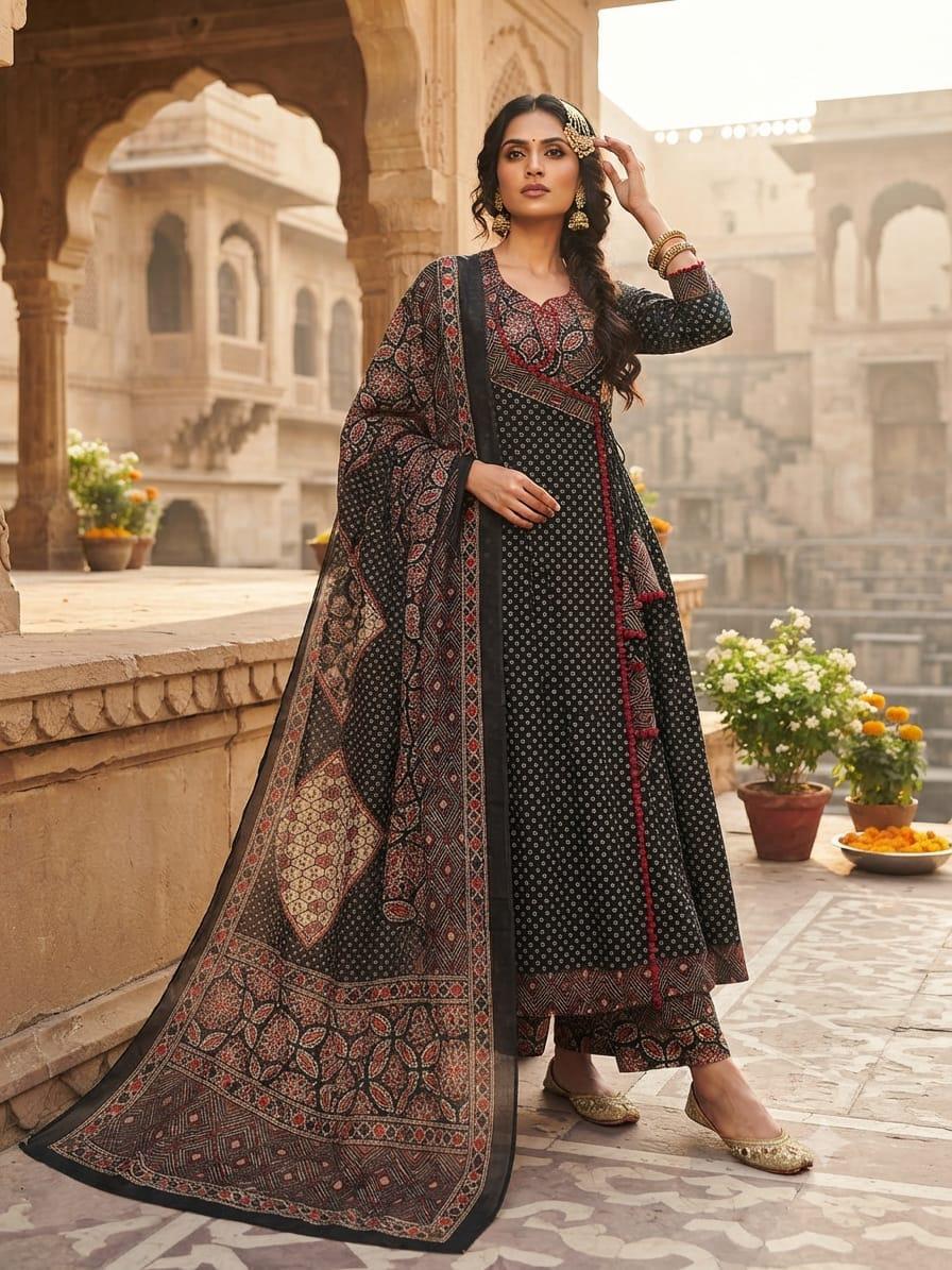 Naturalfab Women's Black Printed Cotton Kurti Pant Set with Dupatta
