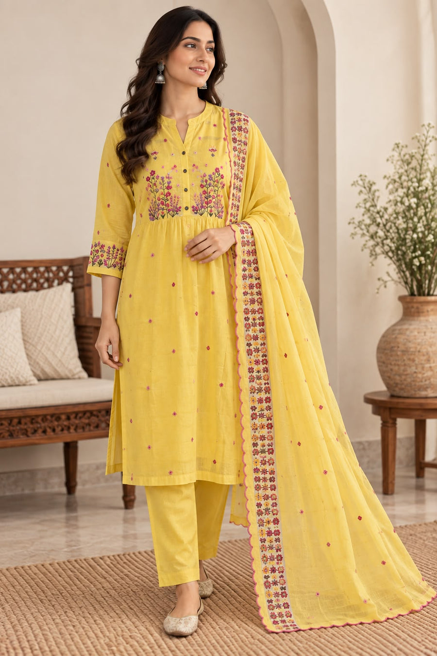 Natural Fab Women’s Yellow Mal Cotton Embroidered Kurti Pant Set with Dupatta | 3-Piece Ethnic Suit