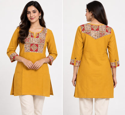 Natural Fab Women’s Mustard Yellow 100% Cotton Short Kurti with Printed Yoke & 3/4 Sleeves