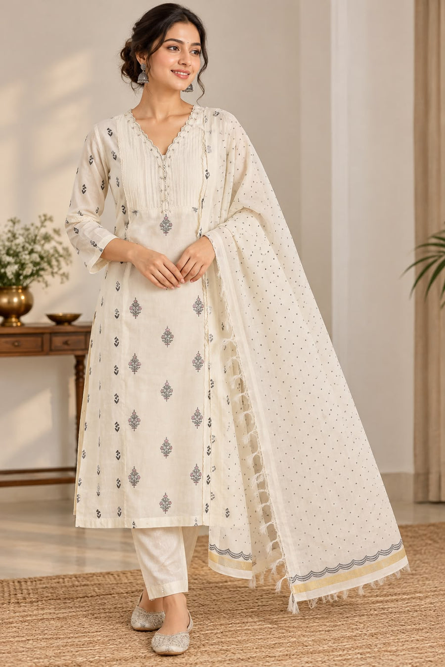 Women’s Mal Chanderi Off-White Printed Kurti Pant Set with Dupatta | Elegant 3-Piece Ethnic Set
