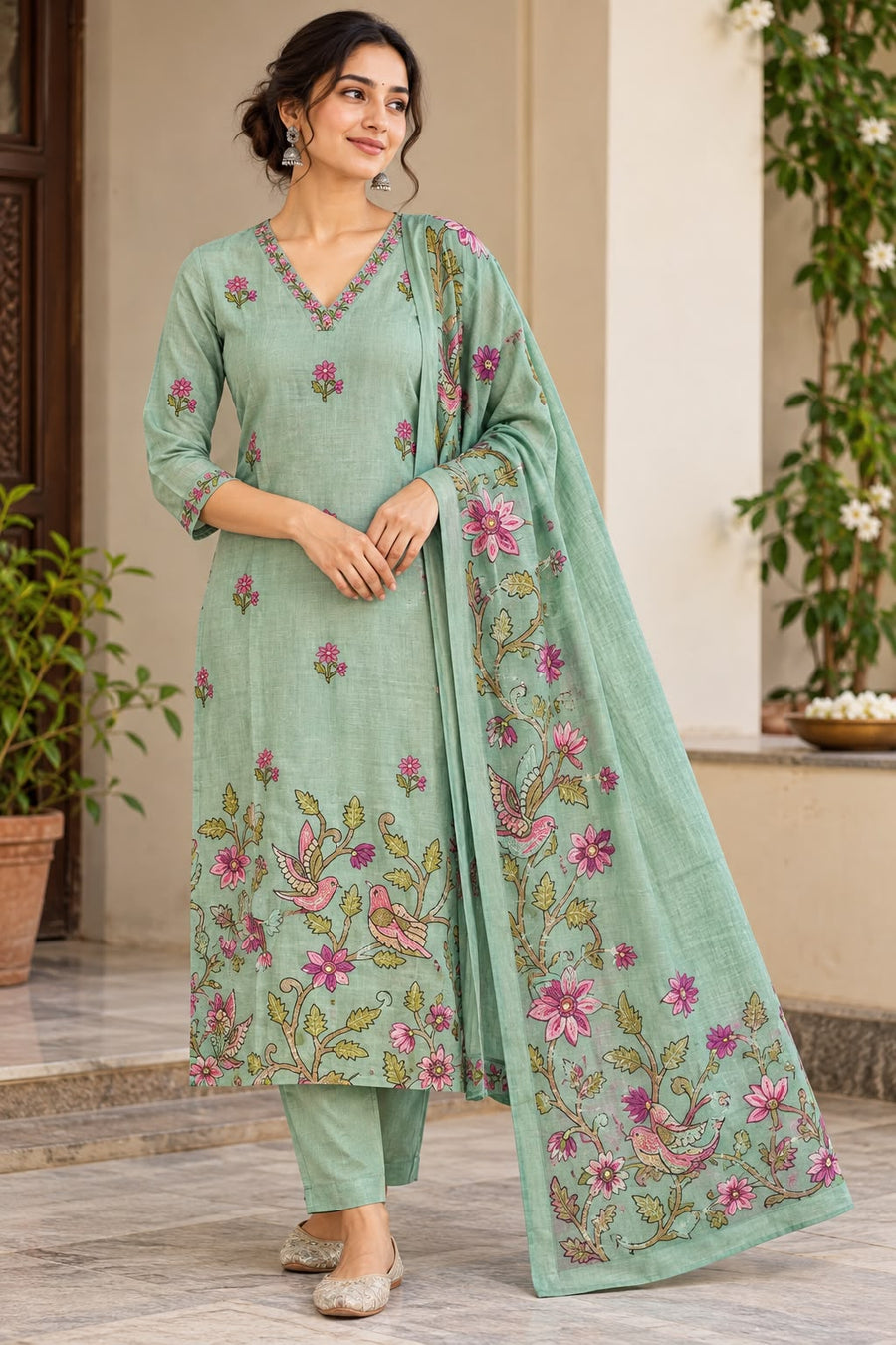 Women’s Sage Green Chanderi Kantha Hand Embroidered Kurti Pant Set with Printed Dupatta