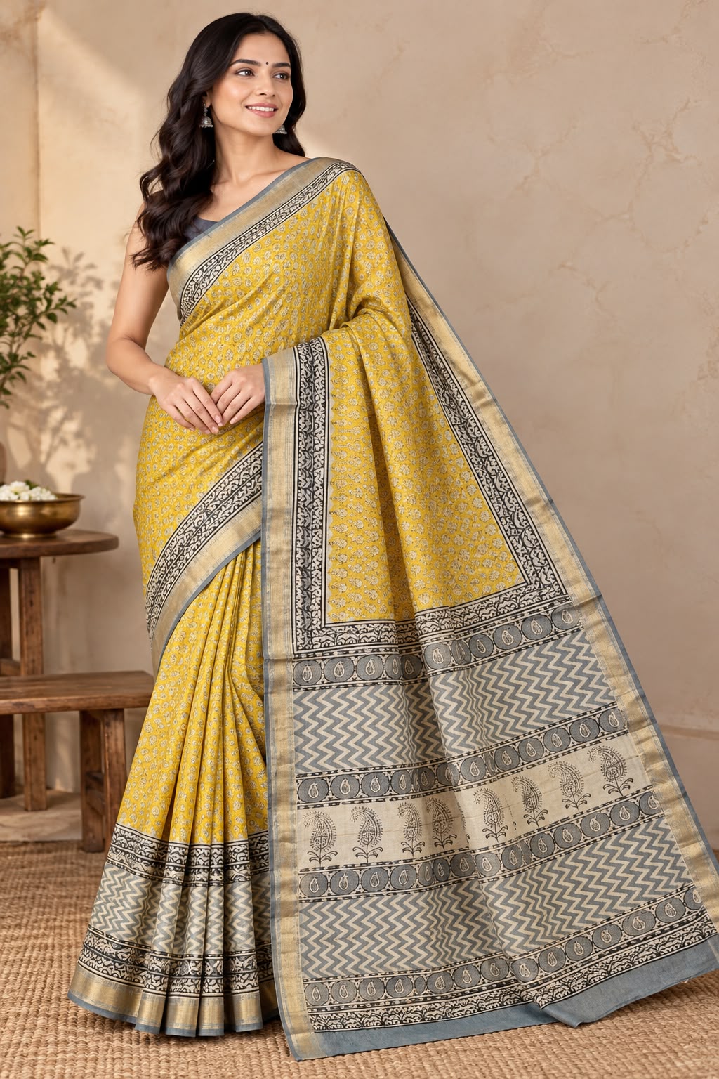 Natural Fab Maheshwari silk hand block printed saree UNI6836
