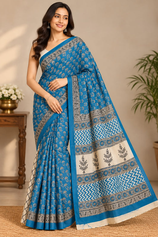 Mal Mal cotton hand block printed saree SKU UNI6839
