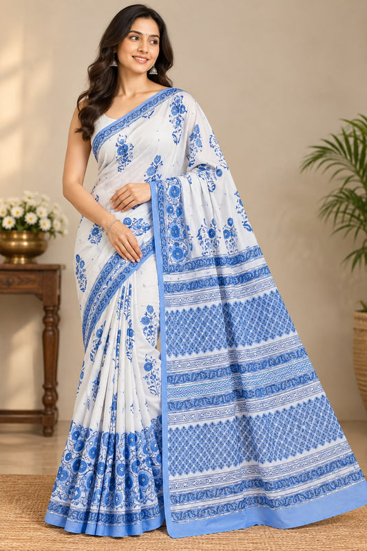 Mal Mal cotton hand block printed saree SKU UNI6840