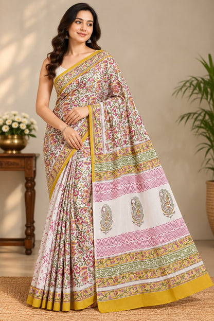 Mal Mal cotton hand block printed saree SKU UNI6841