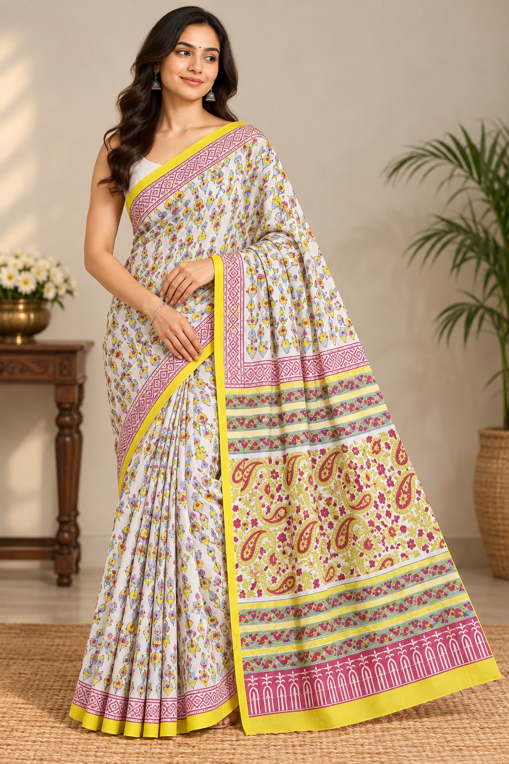 Mal Mal cotton hand block printed saree SKU UNI6842