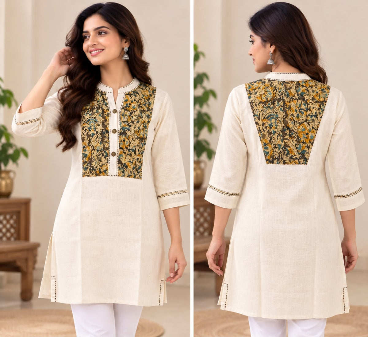 Women's Ivory Handloom Cotton Kalamkari Hand Block Printed Short Kurti | 3/4 Sleeve Ethnic Top
