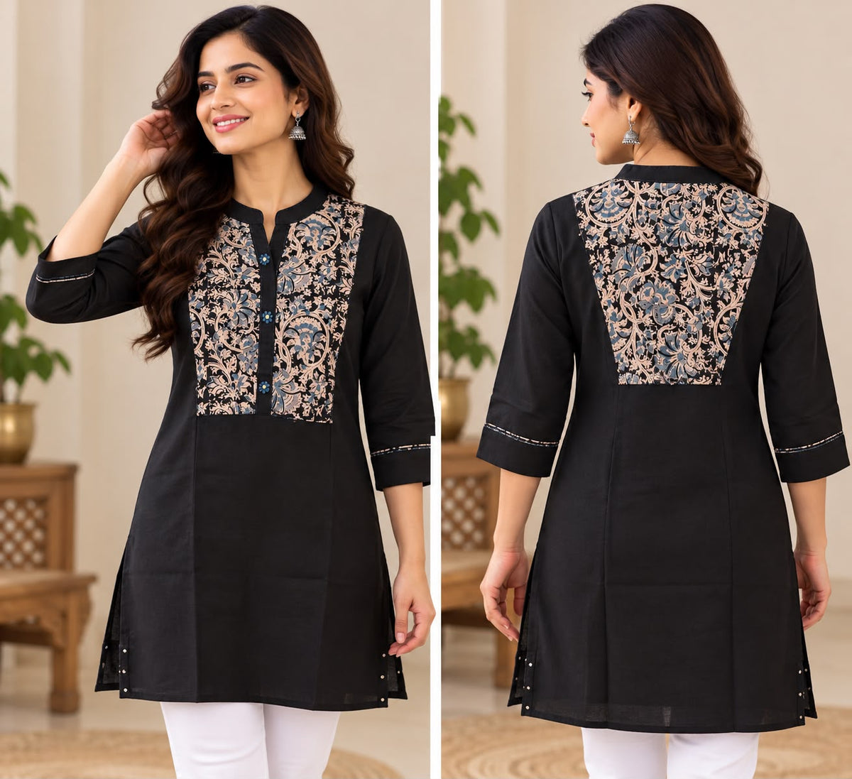 Women’s Black Kalamkari Hand Block Cotton Short Kurti