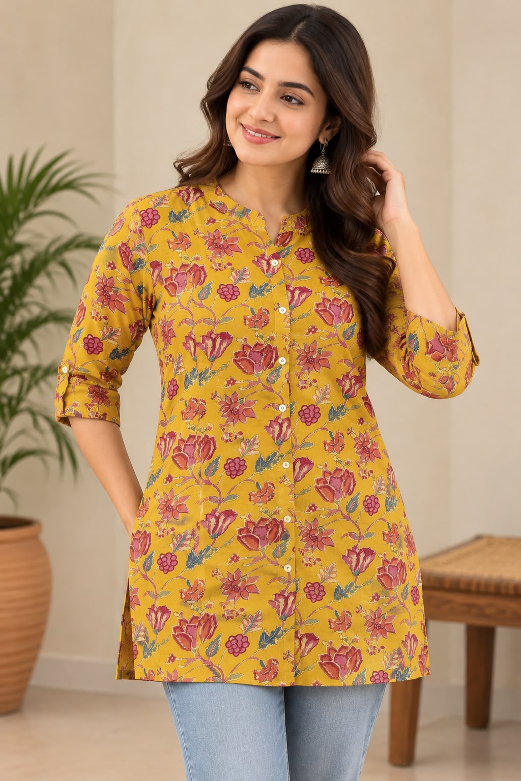 Naturalfab Women's Yellow Rayon Short Kurti | Comfortable Casual Ethnic Top