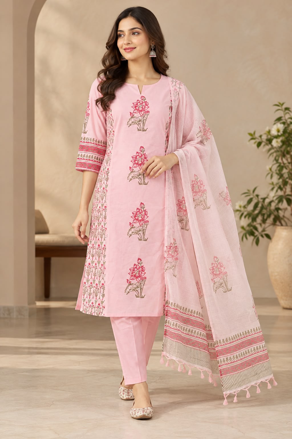 Women's Pink Cotton Hand Block Printed Kurti Set with Kota Doria Dupatta