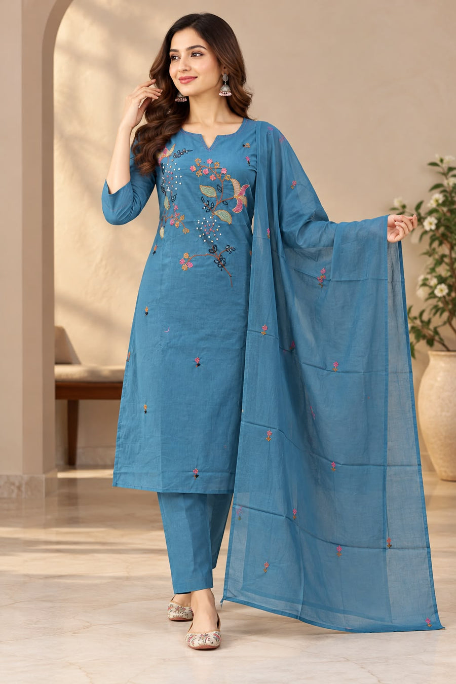 Women's Teal Blue Cotton Embroidered Kurti Pant Set with Dupatta | 3-Piece Ethnic Wear