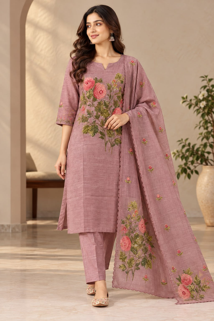 Women's Dusty Rose Chanderi Kurti Pant Set with Kantha Hand Embroidery & Dupatta
