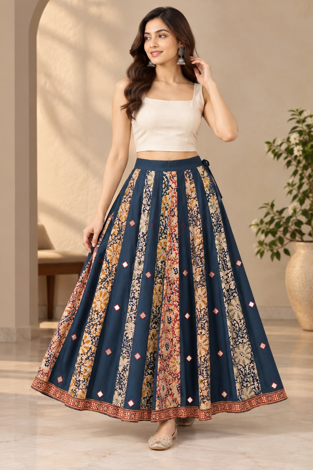 Women's Blue Kalamkari Skirt with Mirror Work | Traditional Ethnic Wear