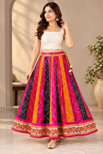 Women's Cotton Bandhani Printed Long Flared Skirt with Multicolour Panels | Ethnic Maxi Skirt