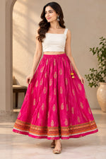 Women's Rani Pink Ottoman Cotton Flared Maxi Skirt with Ethnic Print & Decorative Border