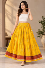 Women's Mustard Yellow Ottoman Cotton Flared Maxi Skirt with Ethnic Print & Tassels