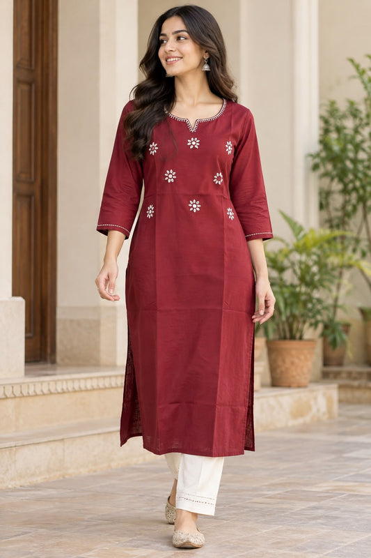 Women's Maroon 100% Cotton Kurti | Comfortable Everyday Ethnic Wear