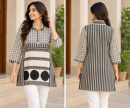 Women's Black & White Geometric Printed Short Kurti with Collar Neck & 3/4 Sleeves